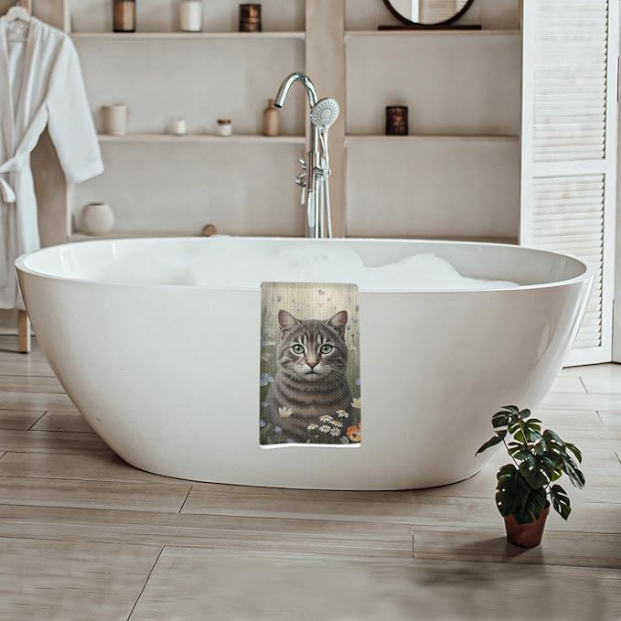 Vintage Cat Kitchen Towels, Watercolor Flower Decorative Absorbent Microfiber Dish Cloth Tea Towel, Aesthetic Floral Waffle Soft Hand Towels for Farmhouse Home Bathroom Kitchen Decor, Cat Lover Gifts