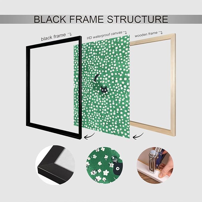 Black Cat Canvas Wall Art, Cute Cat In Daisies Meadow Aesthetic Poster, Adorable Animal Picture Rich Green Print Painting for Bedroom, Nursery Wall Decor Pet Lover Gift 12x16in Framed