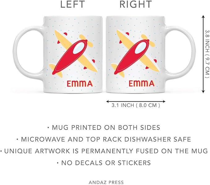 Andaz Press Personalized 11oz. Kids Hot Chocolate Mug, Red Vintage Airplane, 1-Pack, Custom Aeroplane Plane Child’s Birthday Christmas Coffee Cup