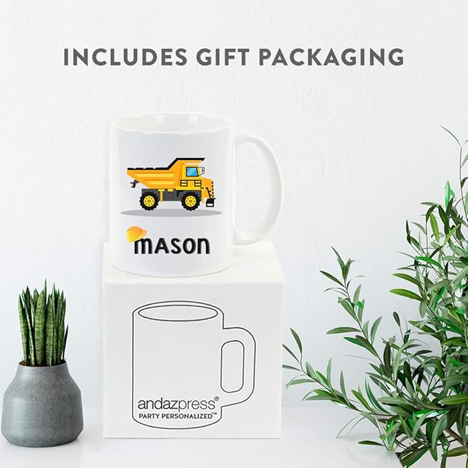 Andaz Press Personalized 11oz. Kids Hot Chocolate Mug, Yellow Construction Truck Dump Truck, 1-Pack, Custom Child’s Birthday Christmas Coffee Cup