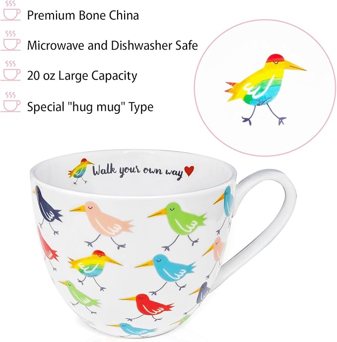 Birds Mugs for Daily Coffee and Tea, Premium 20 oz Bone China Coffee Tea Hug Mug, Perfect Holiday, Birthday and Christmas Gift for Bird Lovers, Designed in England by Harvest Green Studio