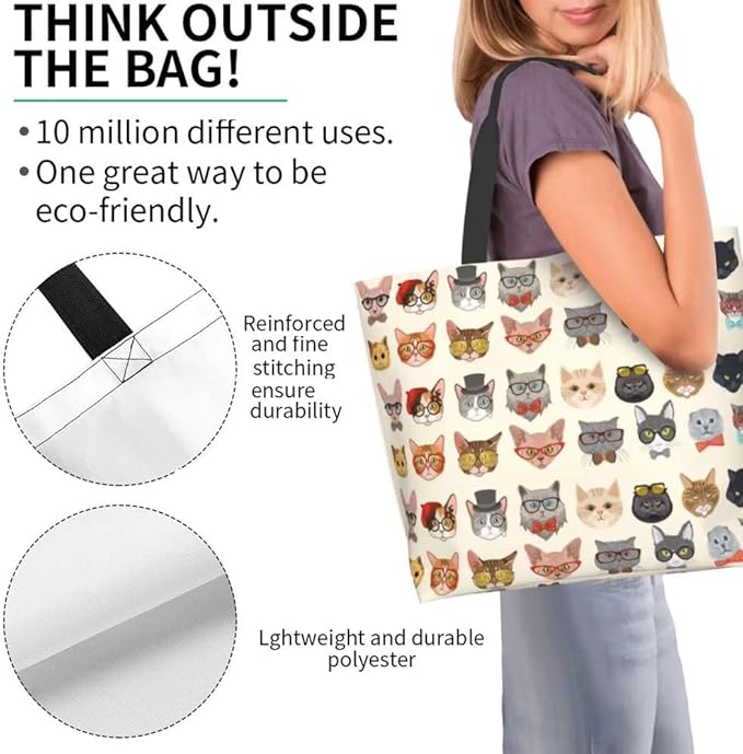 Funny Cat Tote Bag for Women,Cute Purse Gifts for Cat Lovers,Kitty Print Shoulder Reusable Shopping Handbags Casual Travel Polyester Summer Beach Grocery Bag Holiday Gifts