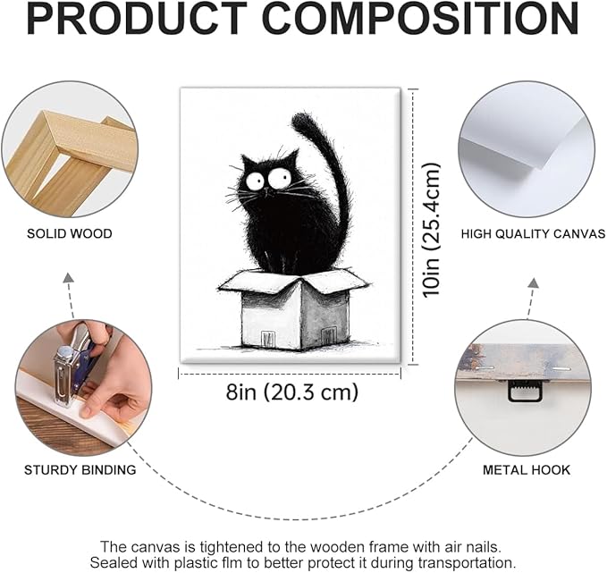 Cute Black Cat in Box Wall Art Decor Cat Lover Gifts Print Picture Modern Wall Decor for Home Living Room 8x10 Inch Canvas Framed