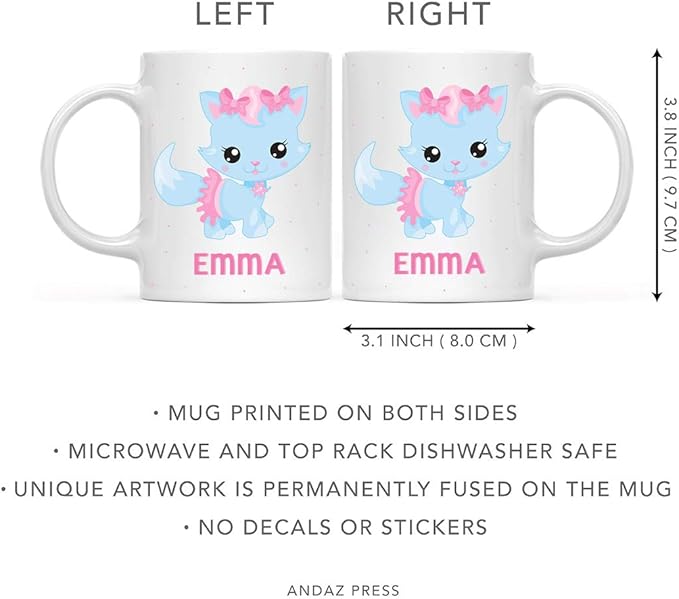 Andaz Press Personalized 11oz. Kids Milk Hot Chocolate Mug, Blue Cat with Pink Bow, 1-Pack, Custom Child’s Birthday Christmas Coffee Cup