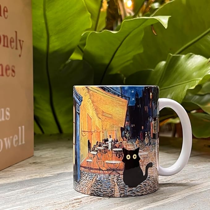Famous Art Paintings Funny Cat Coffee Mug for Artist Art Lover Teacher Cat Lovers, Famous Picture Classic Vincent Aesthetic Canvas Mug Birthday Gift for Women Man (Terrace at Night)