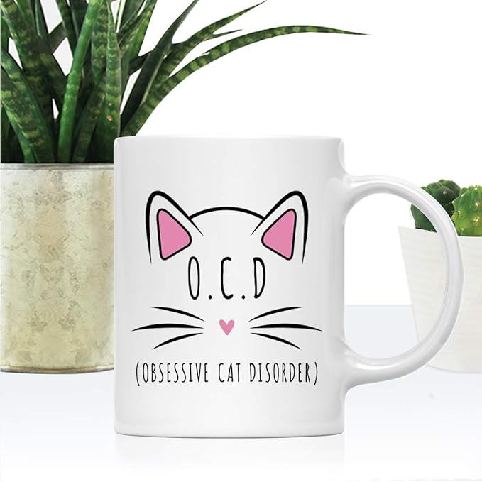 Andaz Press Funny Cat Lover 11oz. Ceramic Coffee Tea Mug, O.C.D. Obsessive Cat Disorder, 1-Pack, for Cat Mom, Birthday Christmas Ideas, Includes Box