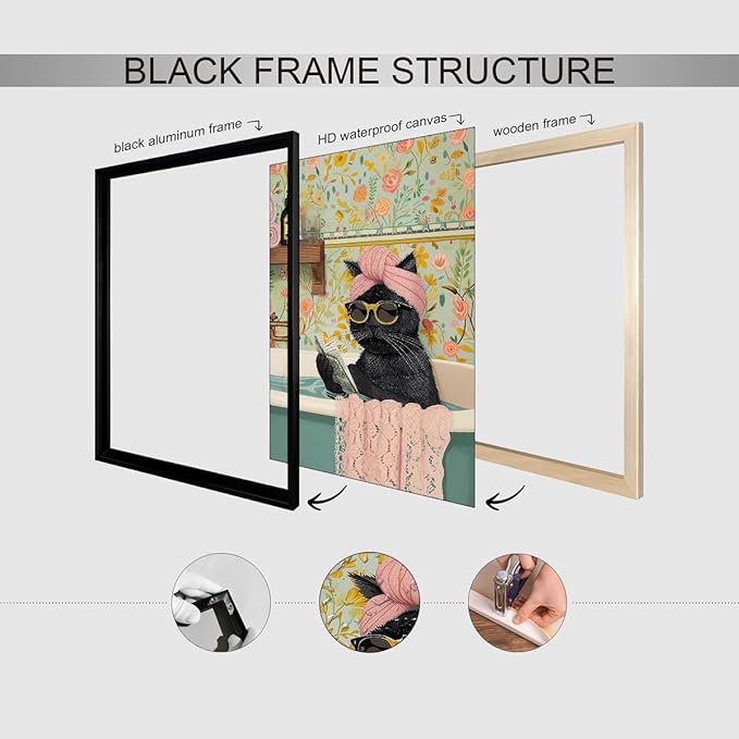 Funny Black Cat Bathroom Wall Art Cute Animal Reading Poster Trendy Preppy Aesthetic Canvas Prints 24x36 inch Black Framed for Living Room Bedroom Toilet Kids Room Wall Decor