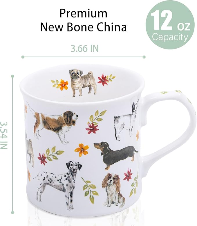 Cute Dog Coffee Mug, 12 oz Premium New Bone China Tankard Coffee Tea Mug, Holiday and Birthday Gift for Women, Dog Lovers, Dog Moms and Best Friends, Designed in England by Harvest Green Studio