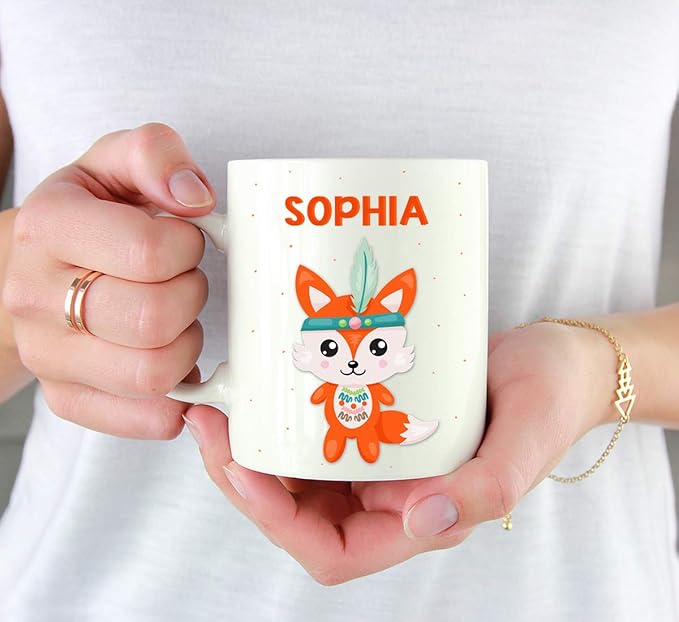 Andaz Press Personalized 11oz. Kids Milk Hot Chocolate Mug, Tribal Fox, 1-Pack, Custom Child’s Birthday Christmas Coffee Cup