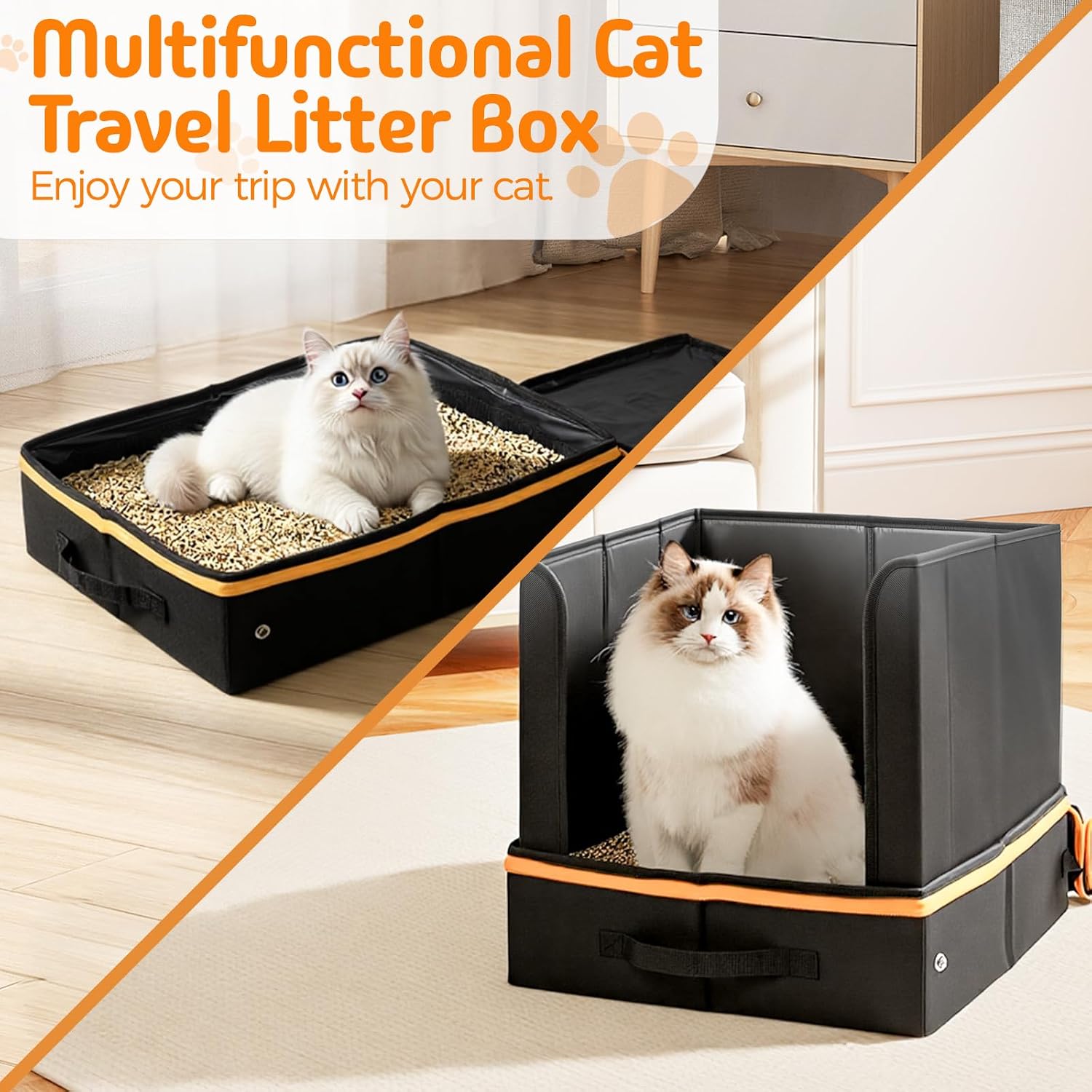 Travel Litter Box for Cats with High Side, Portable Kitty Litter Travel Box with Collapsible Baffle Waterproof Scratch-Proof Kitty Litter Pan for Car, Road Trip, Hotel