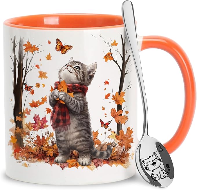 Hyturtle Fall Cat Maple Leaves Coffee Mug with Spoon, Birthday Gifts For Cat Lovers, Fall Autumn Decor Gifts For Farmhouse Thanksgiving, Cute Autumn Mug, 11oz Two Tone White Ceramic Coffee Tea Cup