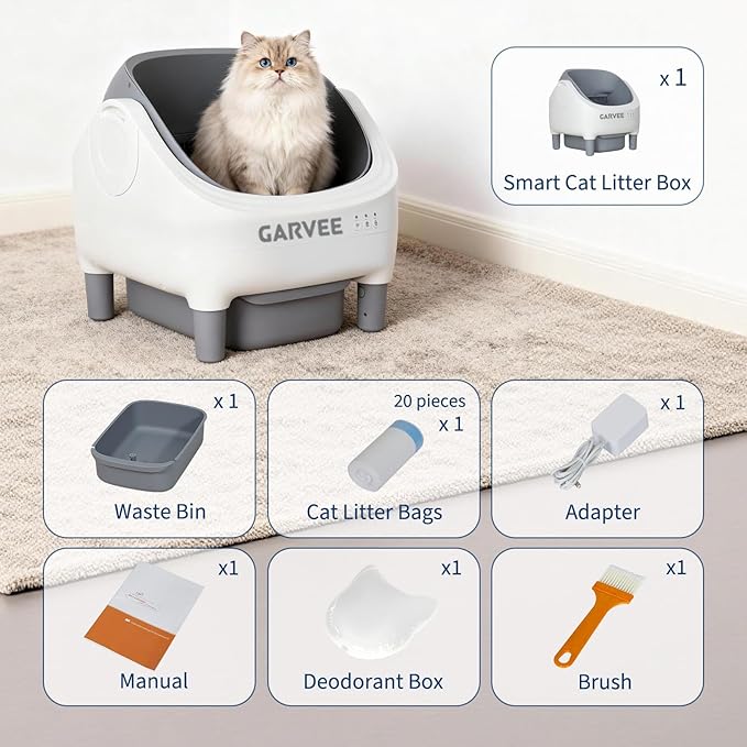 Garvee Self Cleaning Litter Box, Open-Top Automatic Cat Litter Box with APP Control, Odor-Free Waste Disposal Includes Trash Bags, 10.5L Large Waste Bin, for Multiple Cats, White/Grey