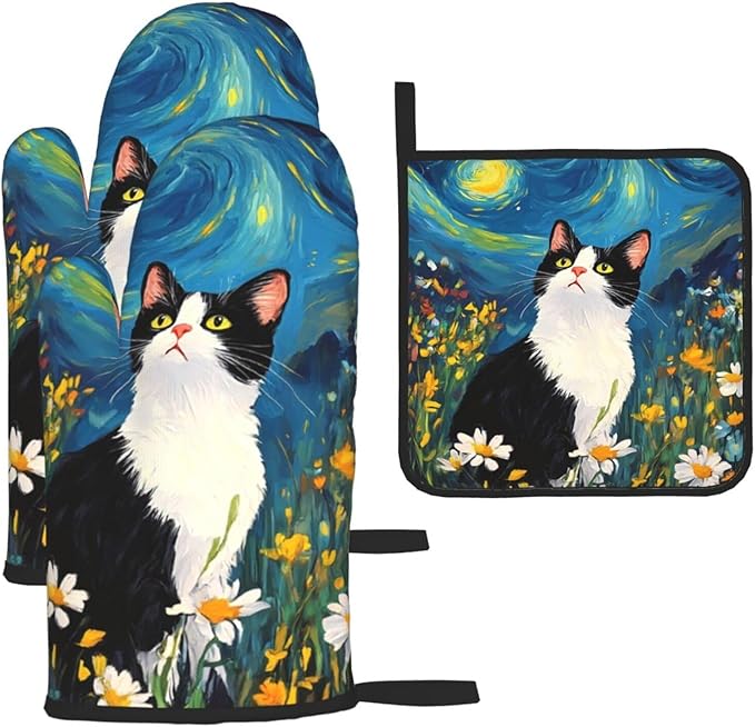 Funny Black Cat Oven Mitts and Hot Pads Set of 3, Abstract Cute Kitchen Mitts and Hot Pads for Baking Cooking Grilling BBQ, Kitchen Baking Gifts for Cat Lover Women Chef Baker