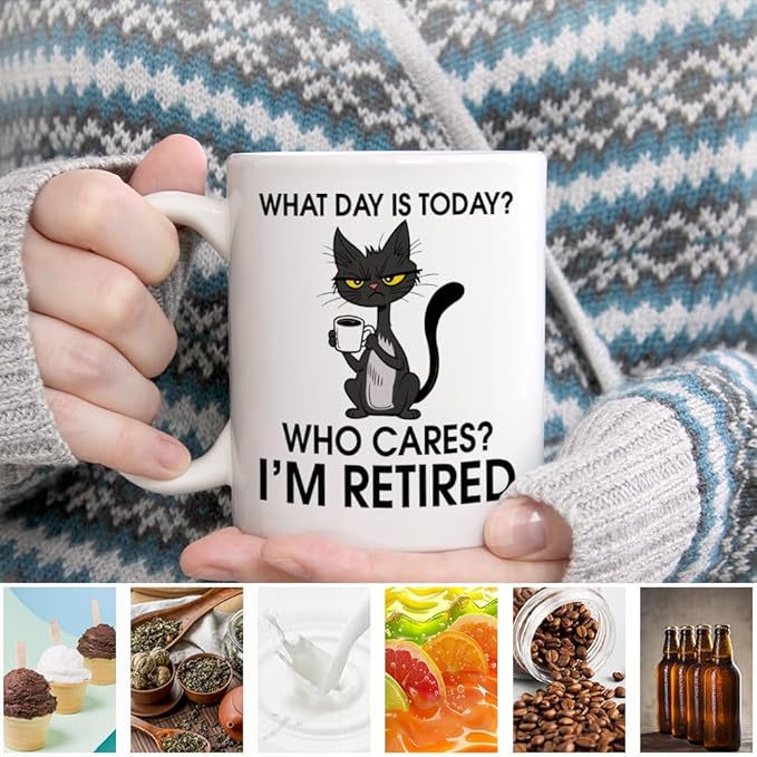 What Day Is Today Who Cares Ceramic Coffee Mug for Women Men, Funny Black Cat 11oz Coffee Cup Gifts for Coworker Cat Lover, Retirement Mug Gifts, Present To Retired People