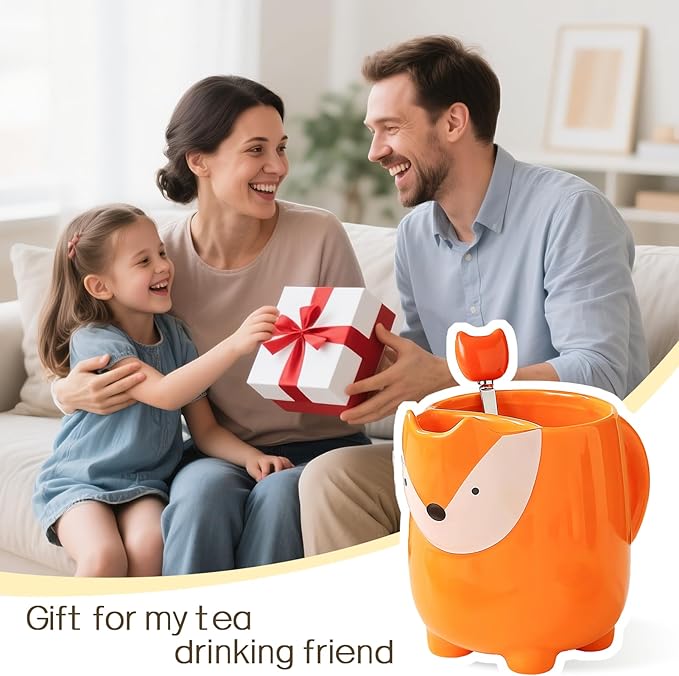 Yuwu 17oz Fox Mug with Built-in Tea Bag Holder and Spoon-Cute Glossy Ceramic Animal Tea Cup for Kids, Women, Girls-Gift for Autumn, Birthday, Christmas (orange)