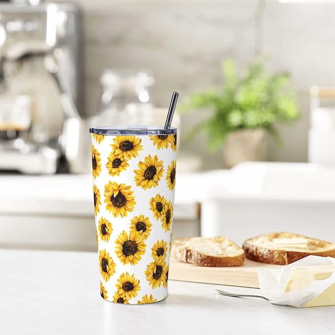 Sunflower Tumbler 20oz Floral Stainless Steel Insulated Tumblers with Lid and Straw Yellow Flowers Travel Coffee Mug Tea Wine Cups Water Bottle Sunflower Gifts for Women