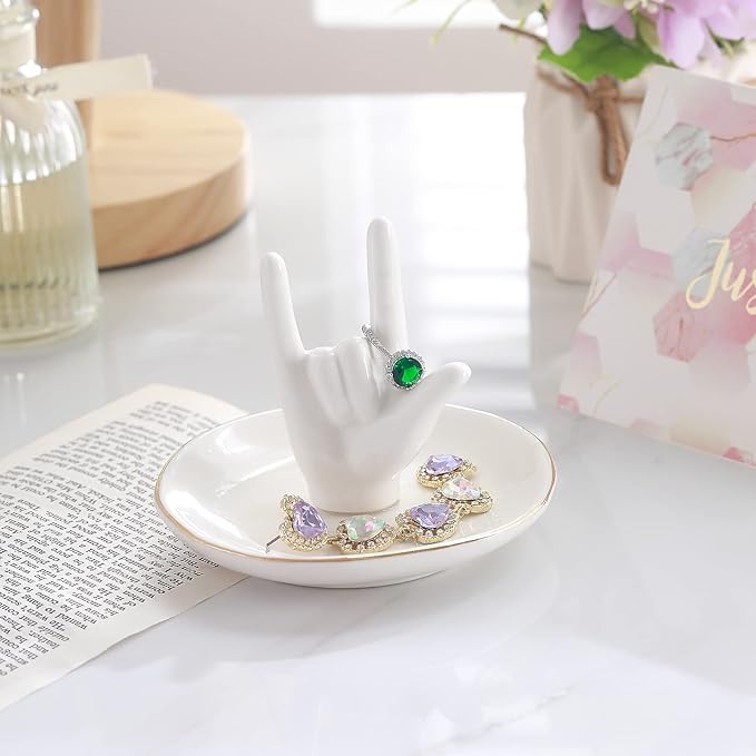 PUDDING CABIN Ring Holder - I Love You Hand, Ceramic Jewelry Dish, Valentine's Day, Wedding, Birthday, Mothers Day Gifts for Women