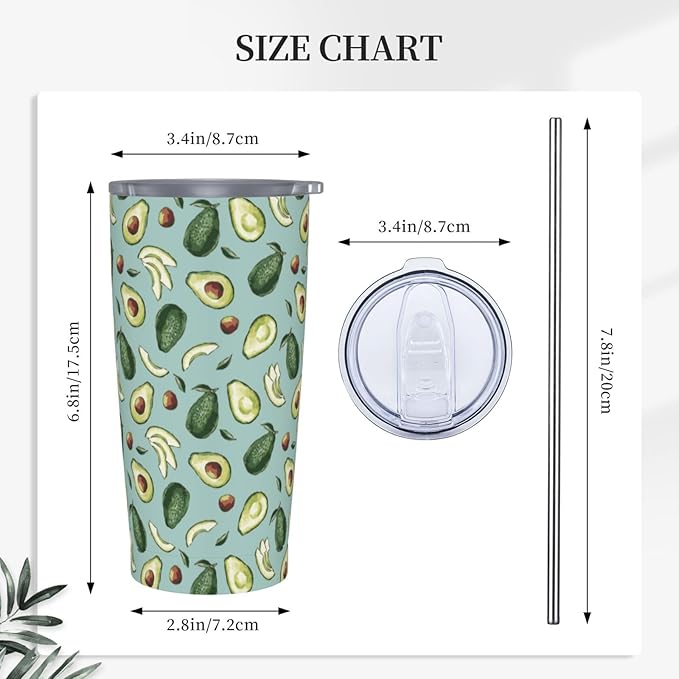 Avocado Tumbler 20oz Fruit Stainless Steel Insulated Tumblers with Lid and Straw Fruits Travel Coffee Mug Tea Wine Cups Water Bottle Avocado Gifts for WomenAvocado Lover