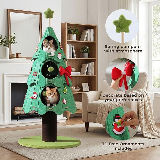 MUTTROS 53 Inch Christmas Cat Tree for Indoor Cats, Cat Tower with 3 Condos & 4 Pompoms, Multi-Cat Furniture with Holiday Felt Stickers, Activity Center & Beds, Green