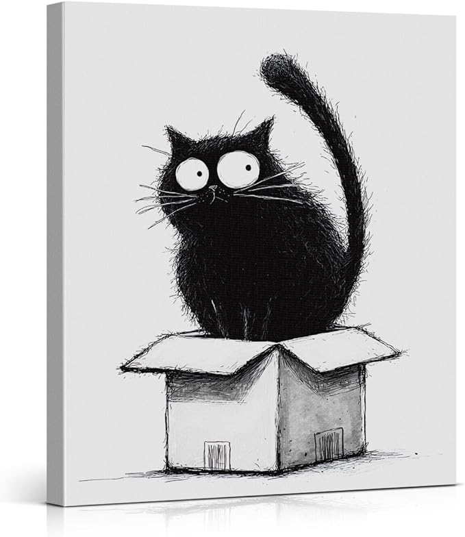 Cute Black Cat in Box Wall Art Decor Cat Lover Gifts Print Picture Modern Wall Decor for Home Living Room 8x10 Inch Canvas Framed