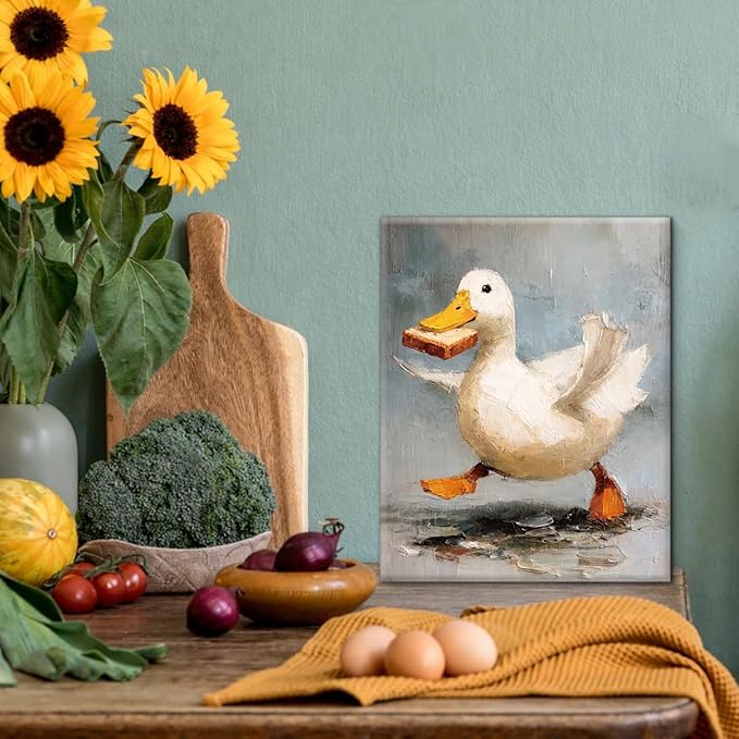Vintage Funny Duck Wall Art Decor Cute Duck with Bread Print Picture Cottagecore Wall Decor for Home Farmhouse Living Room 8x10 Inch Canvas Framed