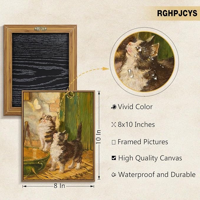 Funny Animals Wall Art Two Cute Baby Cats Watching Butterfly Pictures Wall Decor Aesthetic Poster Gifts for Cat Lover Modern Framed Artwork for Kids Room Bedroom Nursery Home Decoration - 8x10 Inch