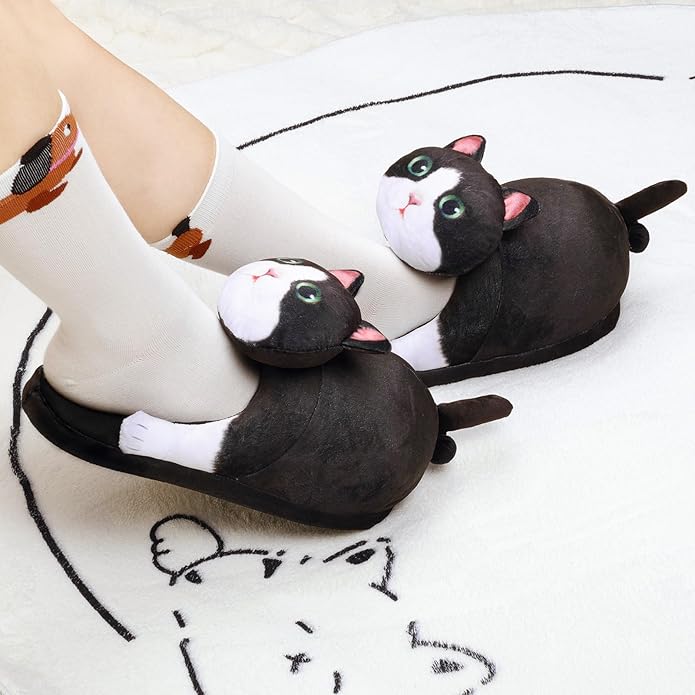 Funny Cat Slippers for Women,Fuzzy Animal Indoor House Shoes with Soft Memory Foam,Comfy Plush Warm Slip-on Slippers,Cat Gifts for Cat Lover