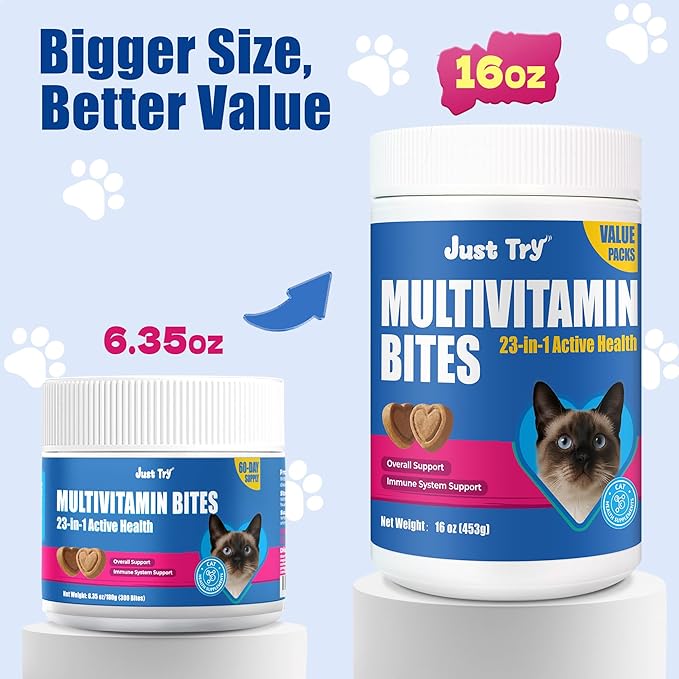 Just Try 23 in 1 Taurine for Cats Vitamins Treats with L-Lysine for Immune, Joint Support Skin & Coat & Heart Health - Multivitamin, HIV Omega 3, Biotin Supplements for Indoor & Senior Cat - 16 oz
