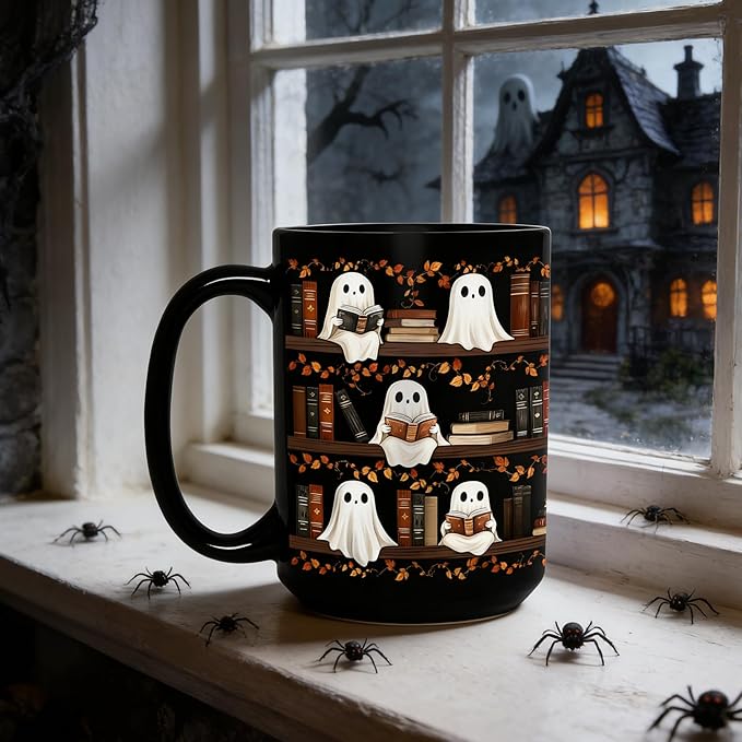 Halloween Cute Ghost Reading Coffee Mug, 15oz Black Ceramic Novelty Tea Cup, Spooky Halloween Ghost & Book Themed Mug for Book Lovers & Readers, Fun Festive Bookish Gift for Women, Men & Coworkers