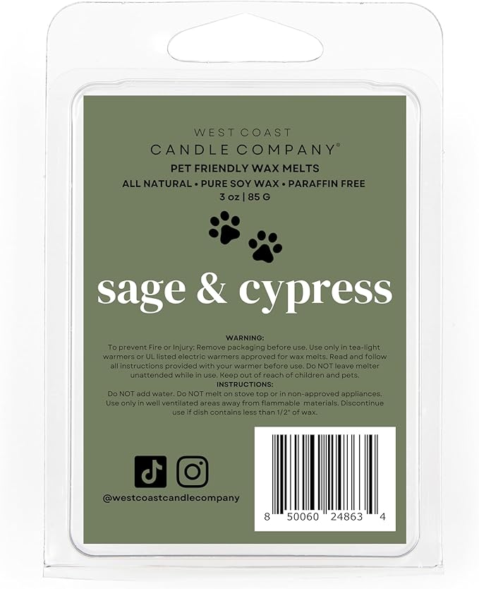 Sage and Cypress | Pet Safe Wax Melts | All Natural Soy | Non-Toxic | Dog Friendly | Vet Approved | Long Lasting Home Fragrance | Pet Odor Eliminator | Clean Burning Wax Cubes | Safe Air Freshener