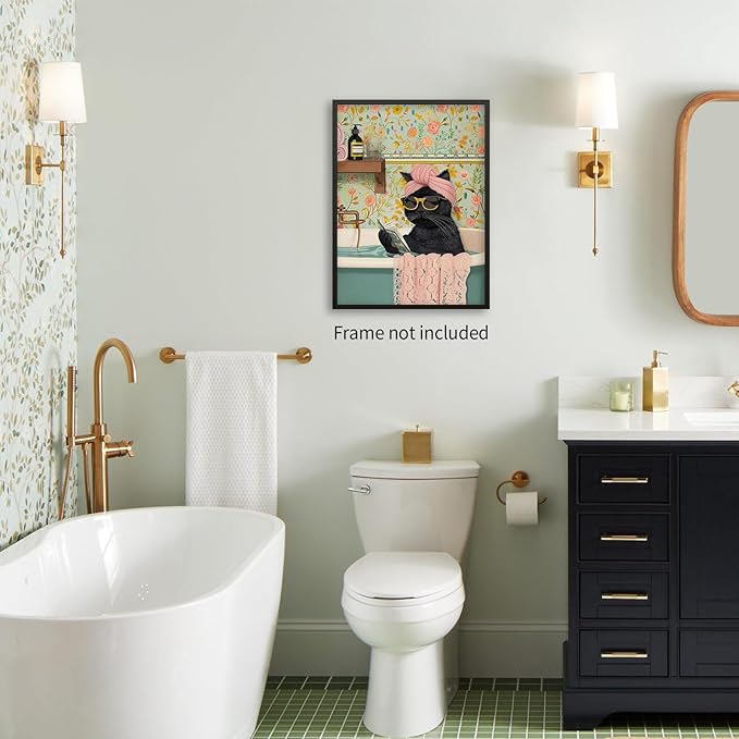 OMANI Funny Black Cat Bathroom Wall Art Cute Animal Reading Poster Trendy Preppy Aesthetic Canvas Prints for Living Room Bedroom Toilet Kids Room Wall Decor 24x36 inch Unframed