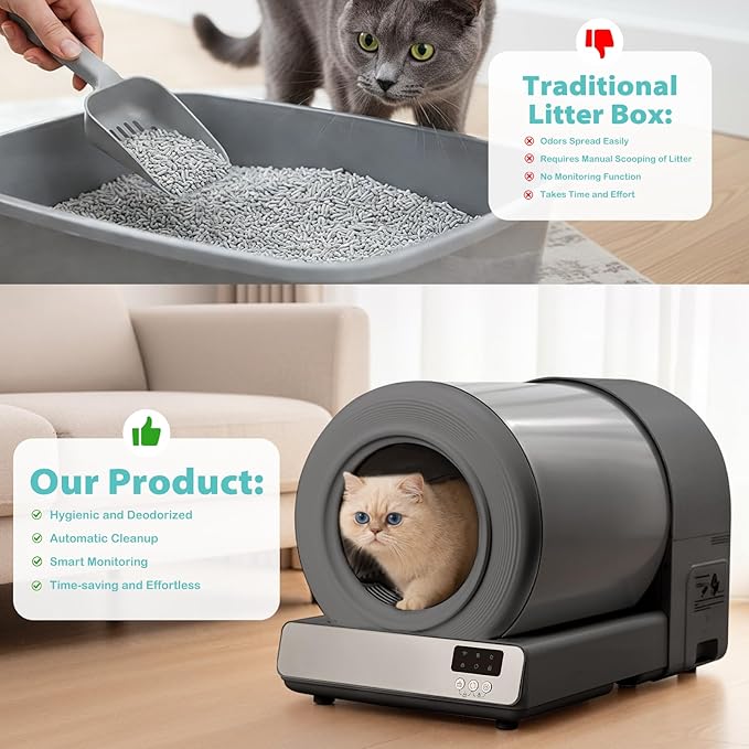 Stainless Steel Self-Cleaning Cat Litter Box, Smart APP Control Automatic Litter Box with Safety Sensors, Odor Control, Low-Entry, Large Capacity Design for Multiple Cats (Grey)