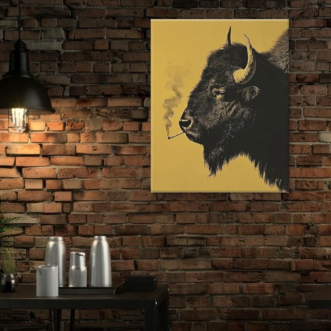 Whimsical Bison Wall Art Decor Vintage Black Bison Print Picture Retro Animal Wall Decor for Home Man Cave Living Room 8x10 Inch Canvas Framed
