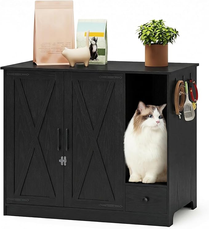 Large/Tall Cat Litter Box Enclosure Furniture, Hidden Self-Cleaning Litter Cabinet with Pull-Out Litter Drawer (Black)