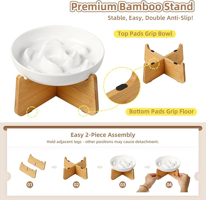 Elevated Slow Feeder Cat Bowl - Melamine Cat Food Plate with Anti-Slip Bamboo Stand - Whisker Friendly Feeding Bowl - Raised Maze Dish for Slow Eating - Mint Green