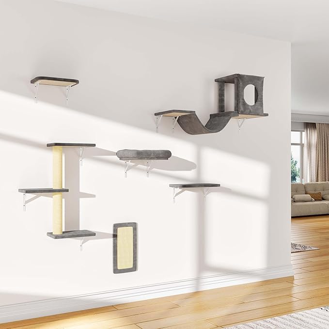 12-in-1 Cat Wall Shelves, Wall Mounted Cat Climber with Condo House, Scratching Post, Bridge Ladder, Space-Saving Indoor Play Furniture for Kittens, Dark Gray