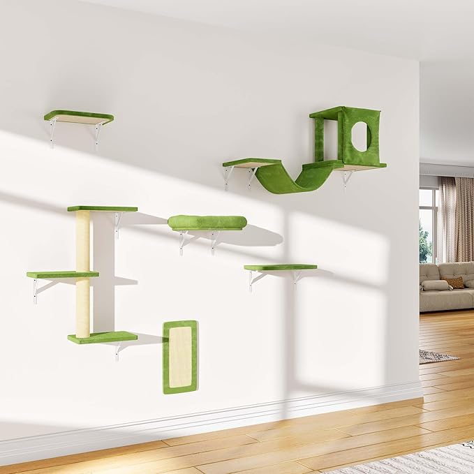 6-in-1 Cat Wall Shelves, Wall Mounted Cat Climber with Condo House, Scratching Post, Bridge Ladder, Space-Saving Indoor Play Furniture for Kittens, Green