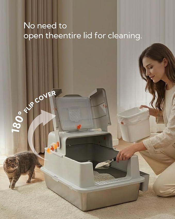 Soulbond XXXL Stainless Steel Litter Box with Lid, 27.5" L x 19.7" W x 16.5" H Large Covered Metal Jumbo Cat Litter Box Enclosed for Large and Multi-Cat Families, Easy to Clean
