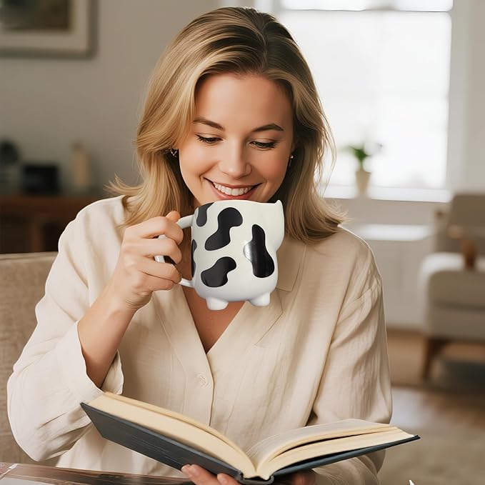 Yuwu 17oz Cow Mug with Built-in Tea Bag Holder and Spoon-Cute Glossy Ceramic Animal Cup for Milk Tea, Coffee, Kids, Girls-Farm Gift for Birthday, Christmas (white)
