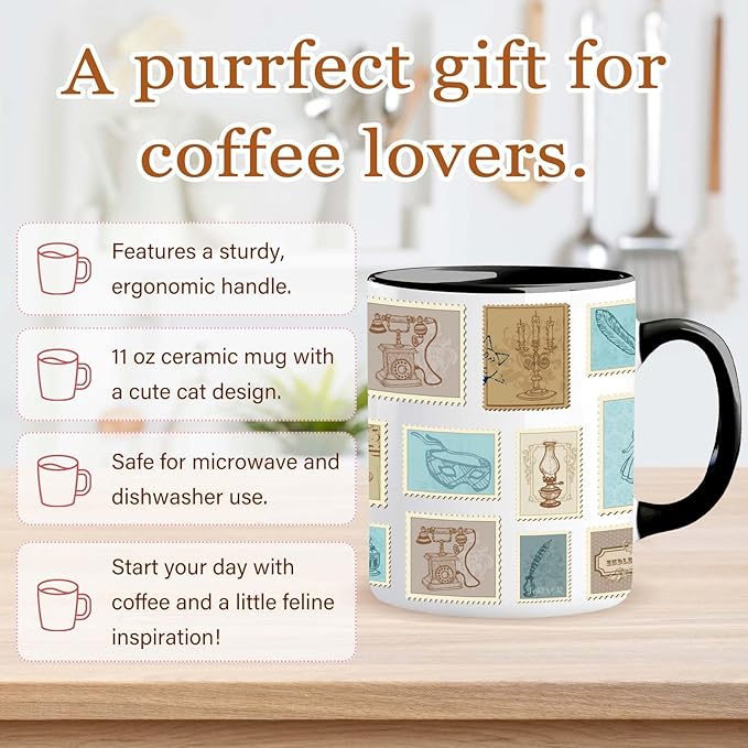 Book Lover Mug 11 oz, Vintage Postage Stamp Design, Unique Bookish Gifts for Women, Library Theme, Collectible Novelty Coffee Cup for Readers, Writers