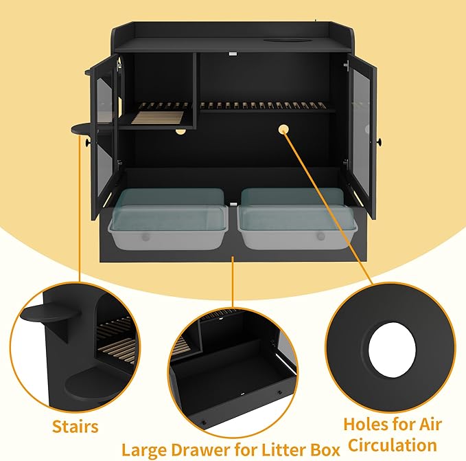 Extra Large Cat Litter Box Enclosure Furniture Hidden, Cat Condo Cabinet Pet House with Stairs for 2, Nightstand Side Table witha Large Drawer for Living Room, Black