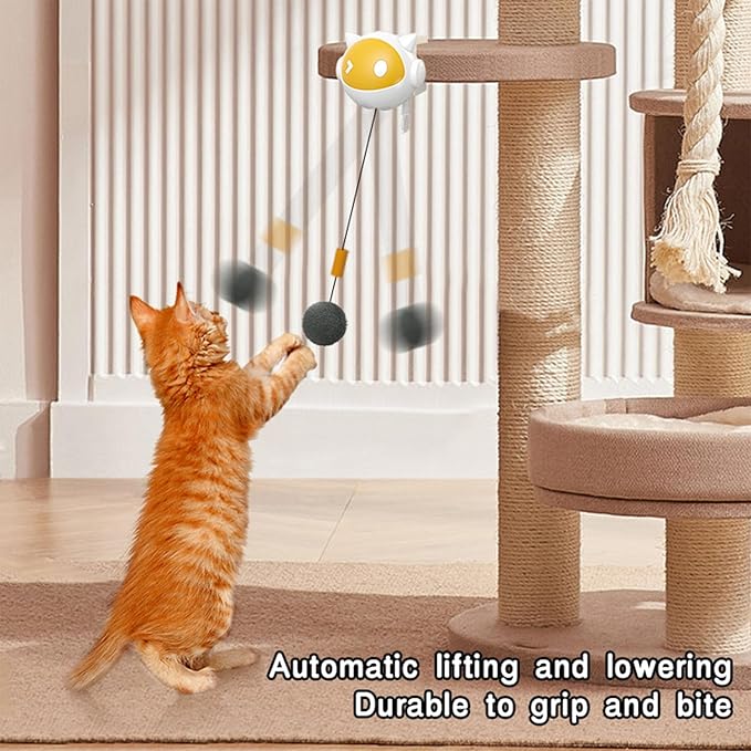 YounBeauty Automatic Cat Toys Ball Lifting Retracting Cat Toy with Feathers, ABS Plastic Nylon Rope, 20”Stretch, No Drill Installation for Indoor Use