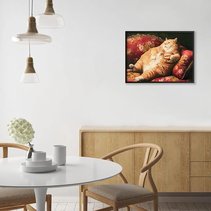 Victorian Renaissance Canvas Poster Funny Fat Cat With Hamburger Wall Art Lying In Sofa Cute Cat Painting Wall Decor 12x16 inch Black Framed for Animal Lover Gift