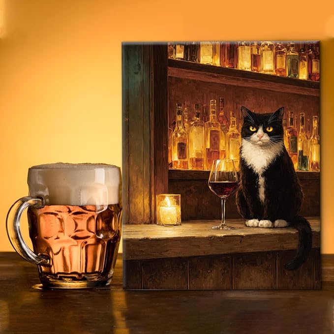 Vintage Cat Bar Wall Art Decor Tuxedo Cat with Wine Print Picture Whimsical Wall Decor for Home Kitchen Bar 8x10 Inch Canvas Framed