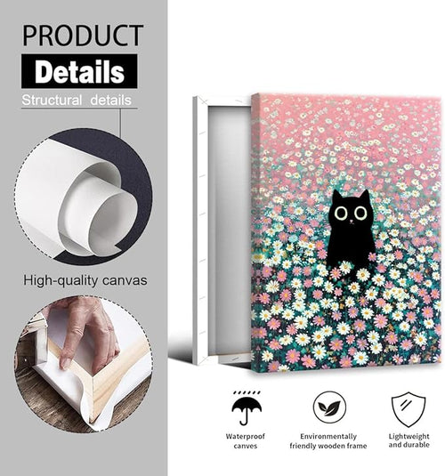 Black Cat Canvas Wall Art, Cute Cat In Daisies Meadow Aesthetic Poster, Adorable Animal Picture, Pink White Flowers Print Painting for Bedroom, Nursery Wall Decor Pet Lover Gift 8x10in Wrapped Canvas