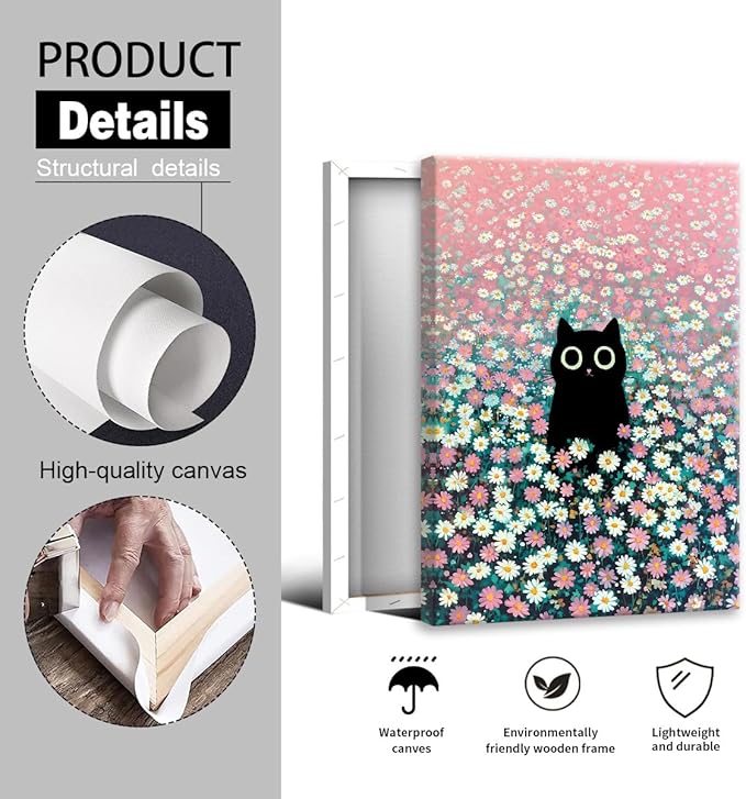 Black Cat Canvas Wall Art, Cute Cat In Daisies Meadow Poster, Adorable Animal Picture, Pink White Flowers Print Painting for Bedroom, Nursery Wall Decor Pet Lover Gift 24x36in Wrapped Canvas