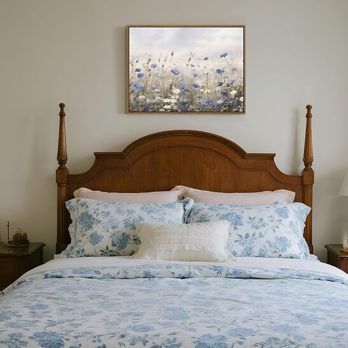 Vintage Floral Wall Art Blue White Flower Canvas Art Prints Wildflower Pictures Wall Decor Nature Landscape Oil Painting Framed Botanical Artwork for Girls Room Bedroom Farmhouse Decoration, 12''x16''