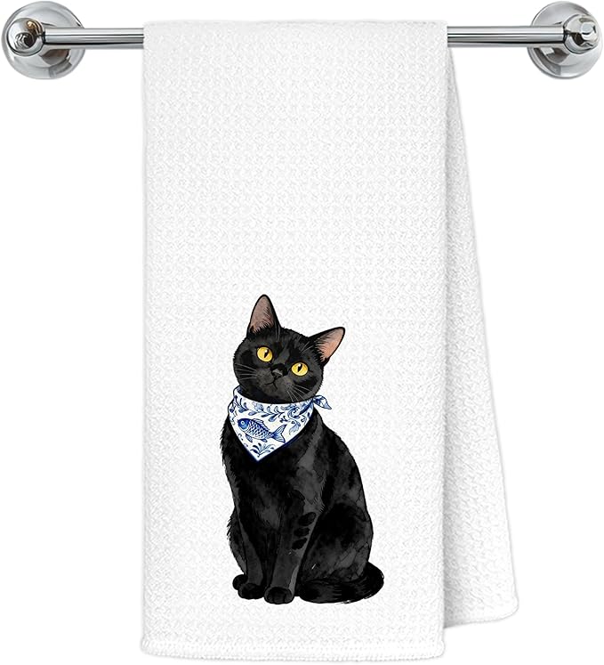 Black Cat Kitchen Towels, Black Cat Gifts Dish Tea Towels for Kitchen Decor, Blue and White Chinoiserie Bandana Kitty Kitten Decorative Hand Towel Bathroom Yoga Spa Decor, 16x24 Inch
