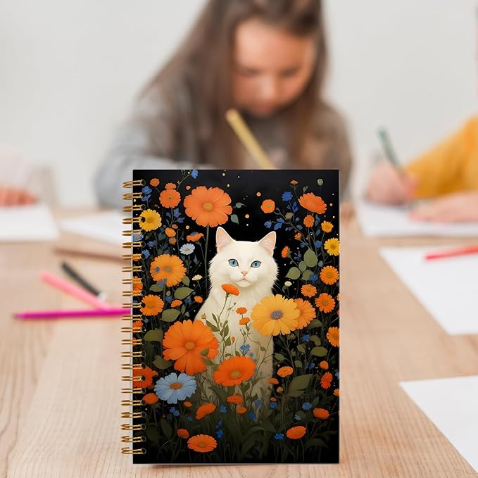 Cat Floral Notebook, Dark Cottagecore Vintage Moody Wildflower White Kitty Journal for Writing, Cat Office Supplies, Spiral Notebook 5.5x8.3 Inch