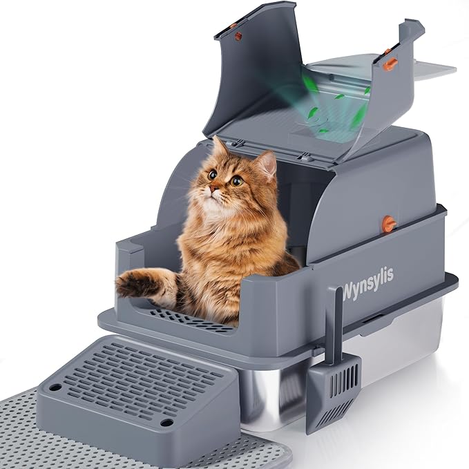 XL Stainless Steel Cat Litter Box with ABS Enclosed Lid, 180° Flip-Top Design, High Sided Leak-Proof Pan, Charcoal Odor Control Filter, Easy Clean for Large & Multi-Cat Homes